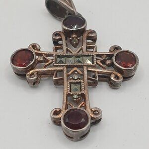RARE  Vintage Bohemian Cross Pendant with Garnet and Marcosite SILVER